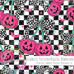 Pumpkin Cherries on Distressed Checkers seamless pattern, retro hot pink black and white halloween spooky vibes sublimation fabric print png