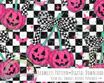 Pumpkin Cherries on Distressed Checkers seamless pattern, retro hot pink black and white halloween spooky vibes sublimation fabric print png