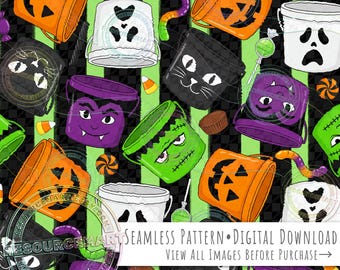 Halloween Trick or Treat Seamless Pattern, spooky horror retro candy pails buckets on stripes print background seamless file digital paper