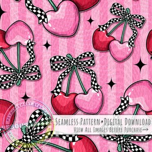Heart Cherries Seamless Pattern, Coquette Cherry with Retro Checker Bow on Pink Stripe Valentine's Day Digital Paper for Fabric & Crafts