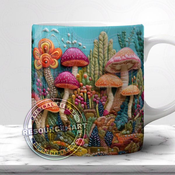 3D Mushroom Embroidery Mug Wrap Design, 11oz 12 oz & 15 ounce sublimation template, 11 oz 12oz + 15oz coffee cup press, DIY boho gift mug