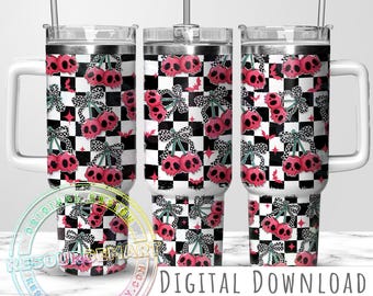 Skull Cherries 40oz Tumbler Wrap Design, Halloween Coquette Cherry Retro Checker Bow grunge checkerboard sublimation 40 ounce stanley cup