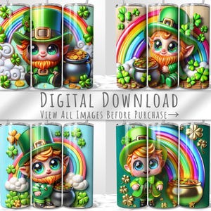 Puede incluir: Vasos aislados con diseños del Día de San Patricio. Cada vaso presenta un duende, un arcoíris, una olla de oro y tréboles. Los vasos son de varios colores, incluyendo verde, azul y dorado. El texto "DESCARGA DIGITAL" es visible.