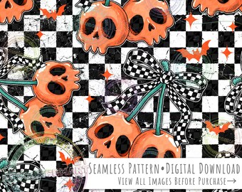 Skull Cherries Seamless Pattern, Orange Halloween Coquette Cherry Retro Checker Bow on grunge checkerboard print seamless file digital paper
