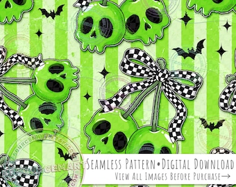Skull Cherries Seamless Pattern, green Halloween Coquette Cherry Retro Checker Bow on grunge stripes seamless file digital paper