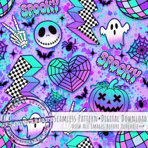 May include: A seamless Halloween-themed pattern with a vibrant mix of purple, teal, and black. The design features spooky elements like ghosts, spiders, cobwebs, pumpkins, and the word "SPOOKY". The pattern includes a Jack Skellington-like face and a peace sign.