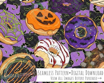 Halloween Donuts Seamless Pattern, purple retro checker background seamless file, jack o lantern mummy bats vampire & witch digital paper