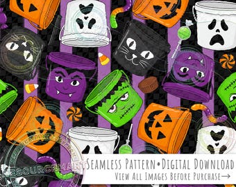 Halloween Trick or Treat Seamless Pattern, spooky horror retro candy pails buckets on stripes print background seamless file digital paper