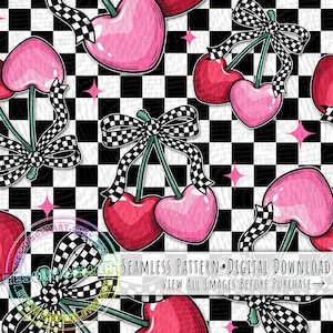 Heart Cherries Seamless Pattern, Coquette Bow on Retro Checker Print Valentine's Day Digital Paper for Fabric & Crafts