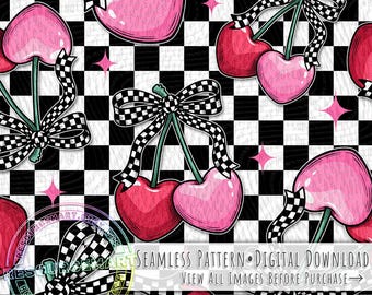 Heart Cherries Seamless Pattern, Coquette Bow on Retro Checker Print Valentine's Day Digital Paper for Fabric & Crafts