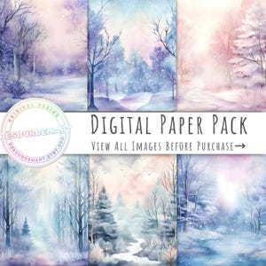 Aquarell Wald Winter, Papier mit Schneeflocken, Weihnachten Hintergrund, weihnachtliche Tapete, Junk Journal Seiten, Print on Demand