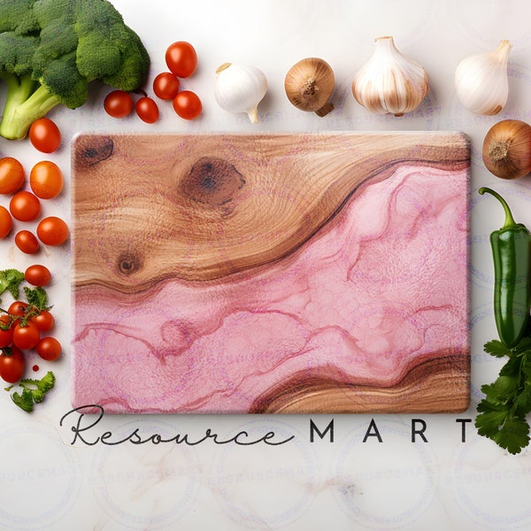 Rose Quartz & Wood Glass Sublimation Cutting Board Design, large template png, pink epoxy resin and woodgrain, print on demand download file