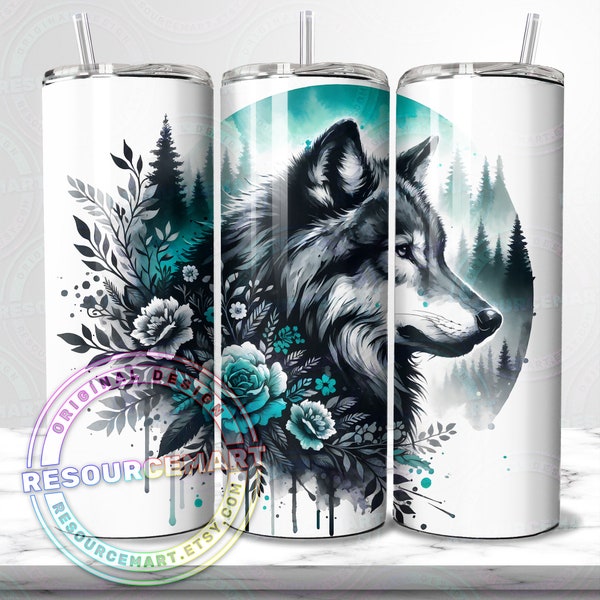 Seamless Wolf Tumbler Wrap Design, 20oz skinny straight sublimation cup, 20 ounce turquoise & grey full moon template press, boho floral cup
