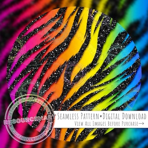 May include: A circular digital graphic featuring a vibrant rainbow zebra stripe pattern with alternating bands of pink, orange, yellow, lime green, and blue. The black stripes are textured with a glittery effect. Text reads: Seamless Pattern Digital Download.