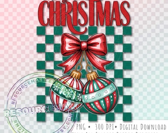 Merry Christmas Retro Ornament PNG, Coquette Baubles on Retro Checker Print Holiday Sublimation Design