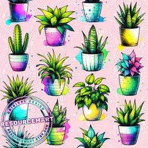 Zimmer Pflanzen Muster, Sublimationsdesign digitaler Download, Sommer Stoffdruck, Aquarell Topfpflanze digitales Papier, Pflanzenmutter