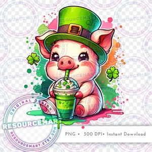 Cute St Patrick's Piglet PNG Graphic File, Print on Demand, green shamrock shake sublimation t-shirt tee & sweatshirt design, baby pig can