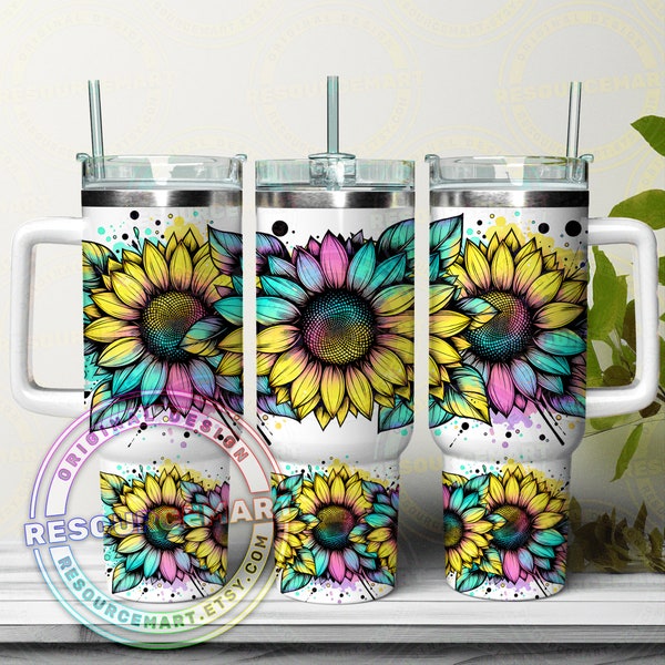 40oz Colorful Sunflower Tumbler Wrap Design, 40 ounce stanley quencher seamless sublimation template, 40 oz yellow turquoise summer line art
