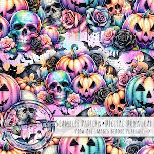 Pastelowy wzór na Halloween, dynia i czaszki sublimacja projekt do pobrania cyfrowego, akwarelowy pastelowy gotycki nadruk na tkaninie