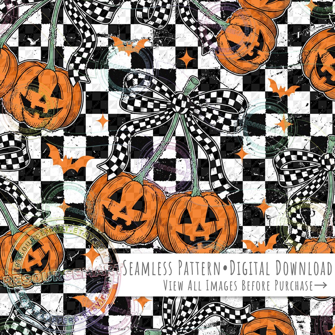 Pumpkin Cherries on Distressed Checkers Seamless Pattern, Retro Orange ...