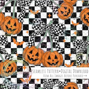 Pumpkin Cherries on Distressed Checkers seamless pattern, retro orange black & white halloween spooky vibes sublimation fabric print png
