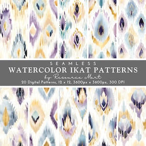 Seamless Pastel Watercolor Ikat Digital Papers, printable scrapbook patterns, commercial use tileable tribal fabric design, print on demand