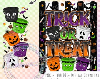 Halloween Trick or Treat PNG Design, spooky horror retro candy pails buckets graphic for sublimation t-shirt tee shirt with matching sleeve