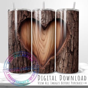 20oz Carved Heart Tree Wrap PNG, Sublimation, 3D Wood Trunk Tapered Tumbler, Straight Tumbler Seamless Design, Print on Demand, Valentine