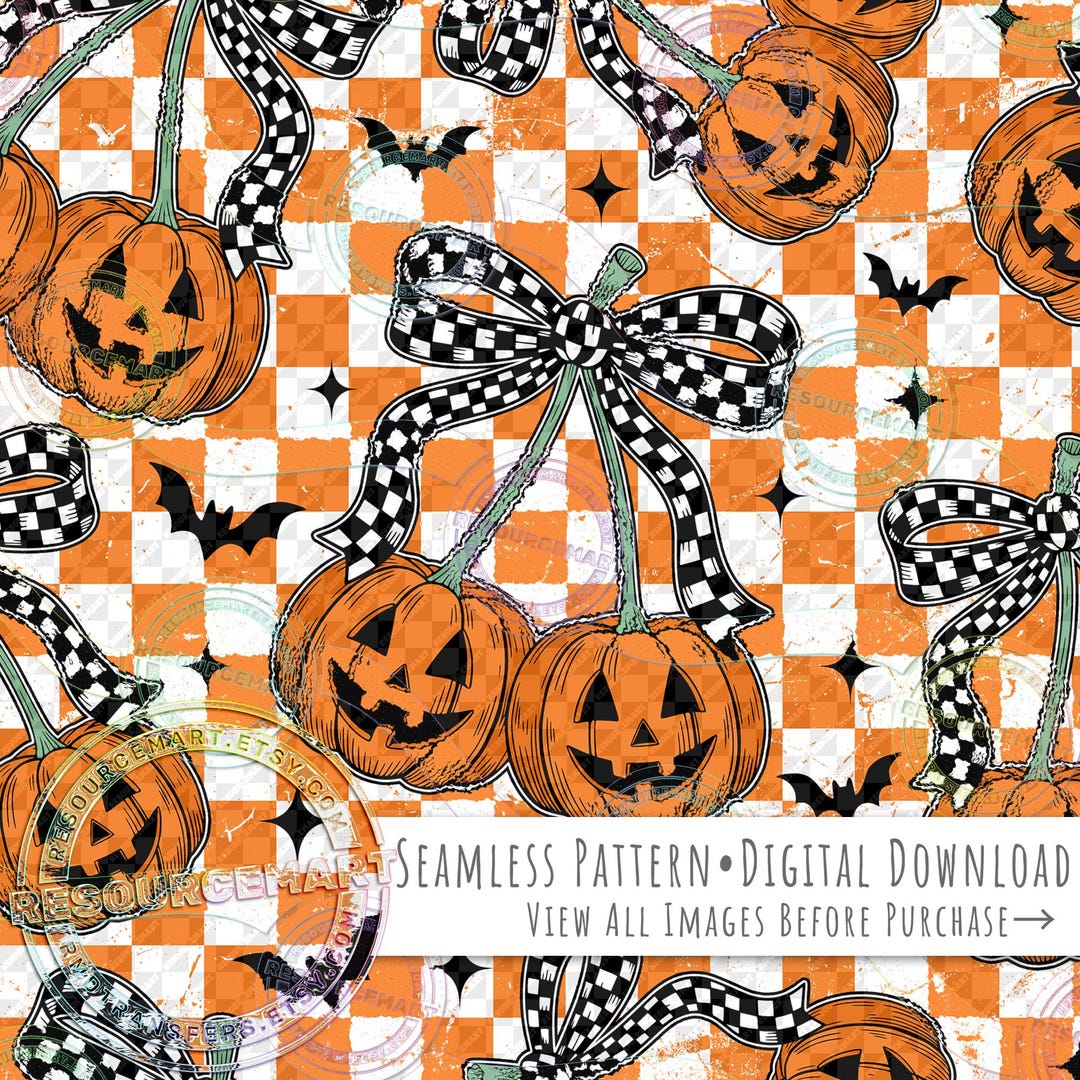 Pumpkin Cherries on Distressed Checkers Seamless Pattern, Retro Orange ...