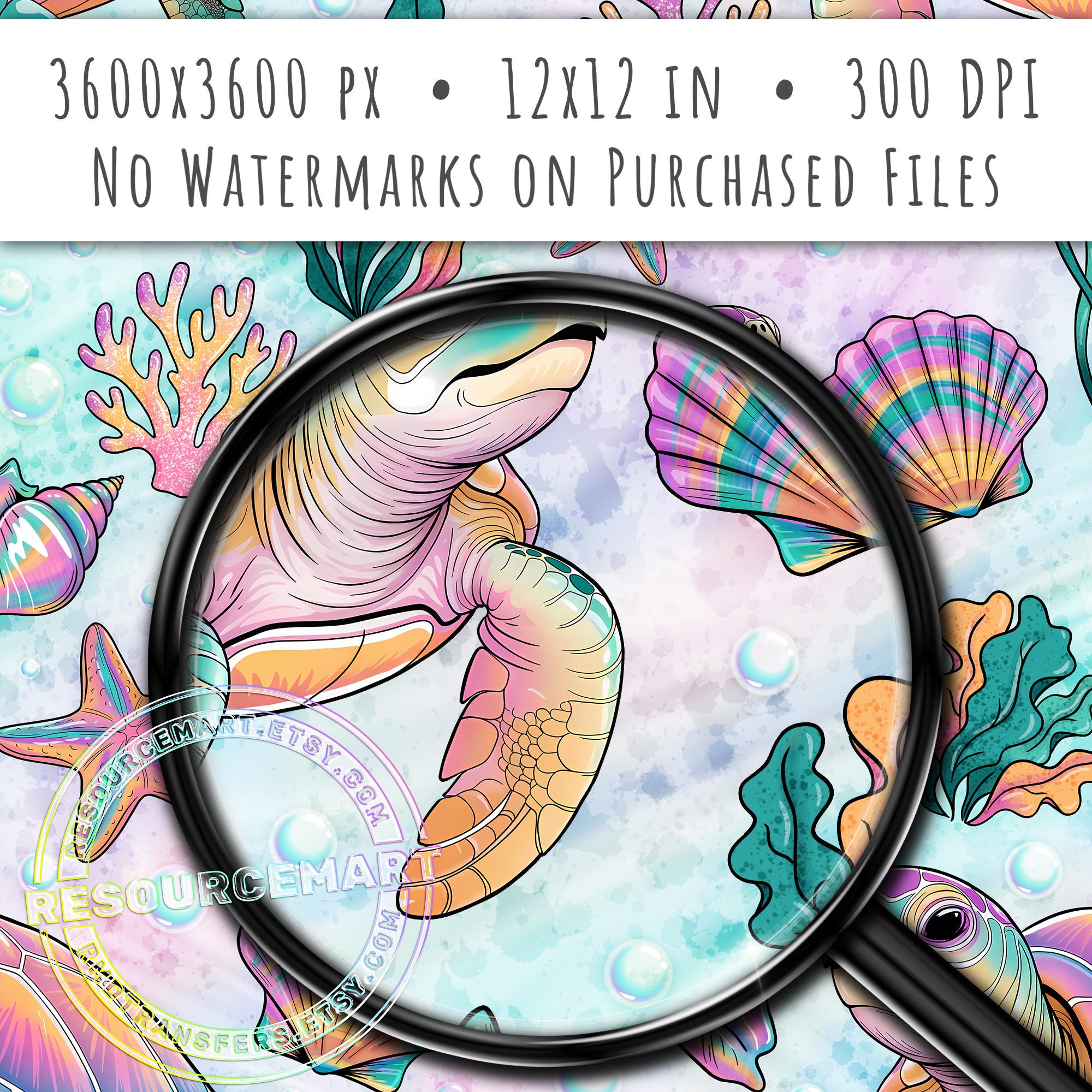 Sea Turtle Seamless Pattern, Pink & Turquoise Beach Seashells Digital ...