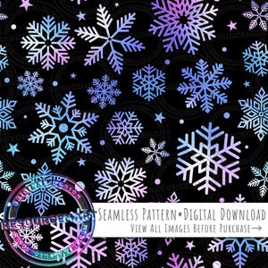 May include: A seamless digital pattern featuring snowflakes in shades of white, blue, and purple against a black background. The snowflakes vary in size and design, with stars and dots scattered throughout. The text "SEAMLESS PATTERN • DIGITAL DOWNLOAD" is also present.