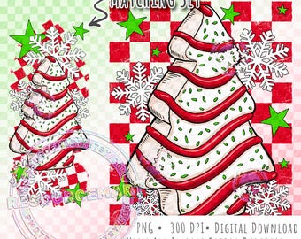Christmas Tree Cake PNG Design, Holiday Shirt Graphic with Matching Sleeve for sublimation, red and green retro checker print