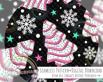 Pink Christmas Tree Cake Seamless Pattern, Winter Holiday Digital Paper with Snowflakes & Stars, Retro Nostalgic Xmas Background on Black