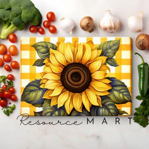 Planche à découper en verre tournesol de style ferme rétro, sublimation, grand modèle, tournesols jaunes et plaid vichy, vintage png thumbnail