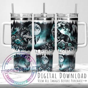 Seamless 40oz Tumbler Wrap Design, 40 ounce stanley quencher handle cup sublimation press, 40 oz grey wolf turquoise moon and dreamcatcher