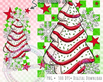 Christmas Tree Cake PNG Design, Holiday Shirt Graphic with Matching Sleeve for sublimation, red and green retro checker print