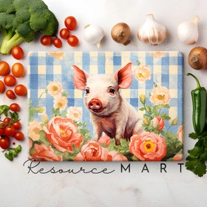 Planche à découper en verre de bébé cochon de style ferme rétro, sublimation, grand modèle fleurs roses et plaid bleu vichy, vintage kitsch png thumbnail