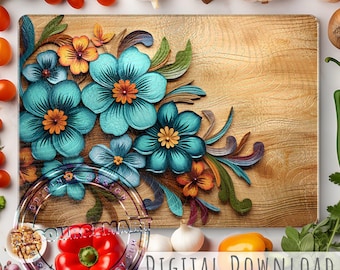 Engraved Flowers on Wood Glass Sublimation Cutting Board Design File, large template png, summer farmhouse kitchen decor, print on demand