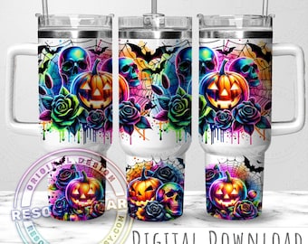 Design de embalagem de copo de 40 onças sem costura de Halloween, caveiras neon, abóboras, rosas, copo Stanley de 40 onças, sublimação PNG, copo com alça de temporada assustadora