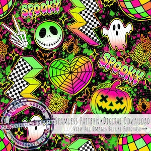 Peut inclure: Un motif sans couture sur le thème d'Halloween avec un fond noir et des graphiques vert néon, rose et jaune. Le motif comprend un visage de style Jack Skellington, un fantôme, un cœur en toile d'araignée et le mot "Spooky".
