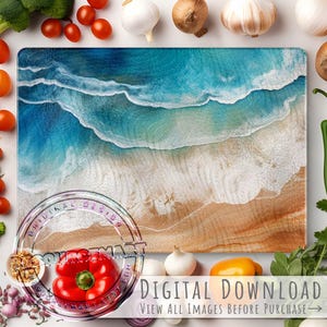 Ocean Wave Glass Sublimation Cutting Board Design, large template png, beach blue epoxy resin and woodgrain, print on demand download file
