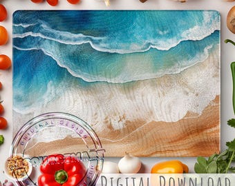 Ocean Wave Glass Sublimation Cutting Board Design, large template png, beach blue epoxy resin and woodgrain, print on demand download file
