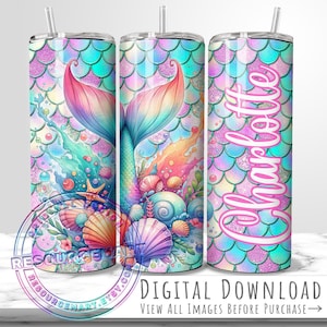 Mermaid 20oz + 12oz Tumbler Wrap Customizable Design, kids 12 oz sippy or flip top cup, 20 skinny sublimation template, glittery iridescent