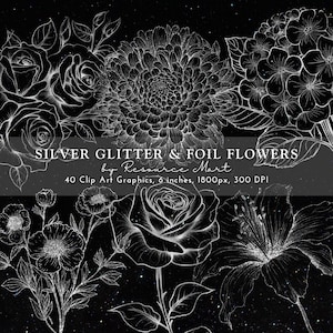 Conjunto de imágenes prediseñadas con superposición de flores con purpurina plateada, elegantes imágenes prediseñadas con láminas metálicas, gráficos para planificadores digitales, invitaciones y tarjetas de lujo glamurosas.