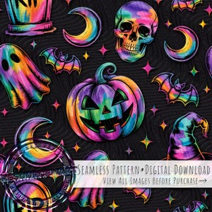 Regenbogen Halloween Muster, gruselige Vibes, gemalter Kürbis Geist Fledermaus Hexenhut Sublimationsdruck png, Herbst 90er Jahre Retro