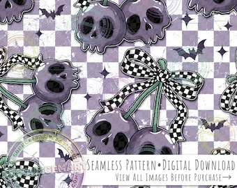 Skull Cherries Seamless Pattern, Charcoal Gray Halloween Coquette Cherry Retro Checker Bow grunge checkerboard seamless file digital paper