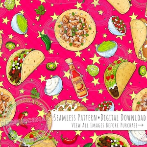 May include: A seamless digital pattern on a vibrant pink background featuring yellow stars and various Mexican food illustrations including tacos, bowls of guacamole, salsa, sour cream, lime wedges, chili peppers, and a bottle of Picante hot sauce.