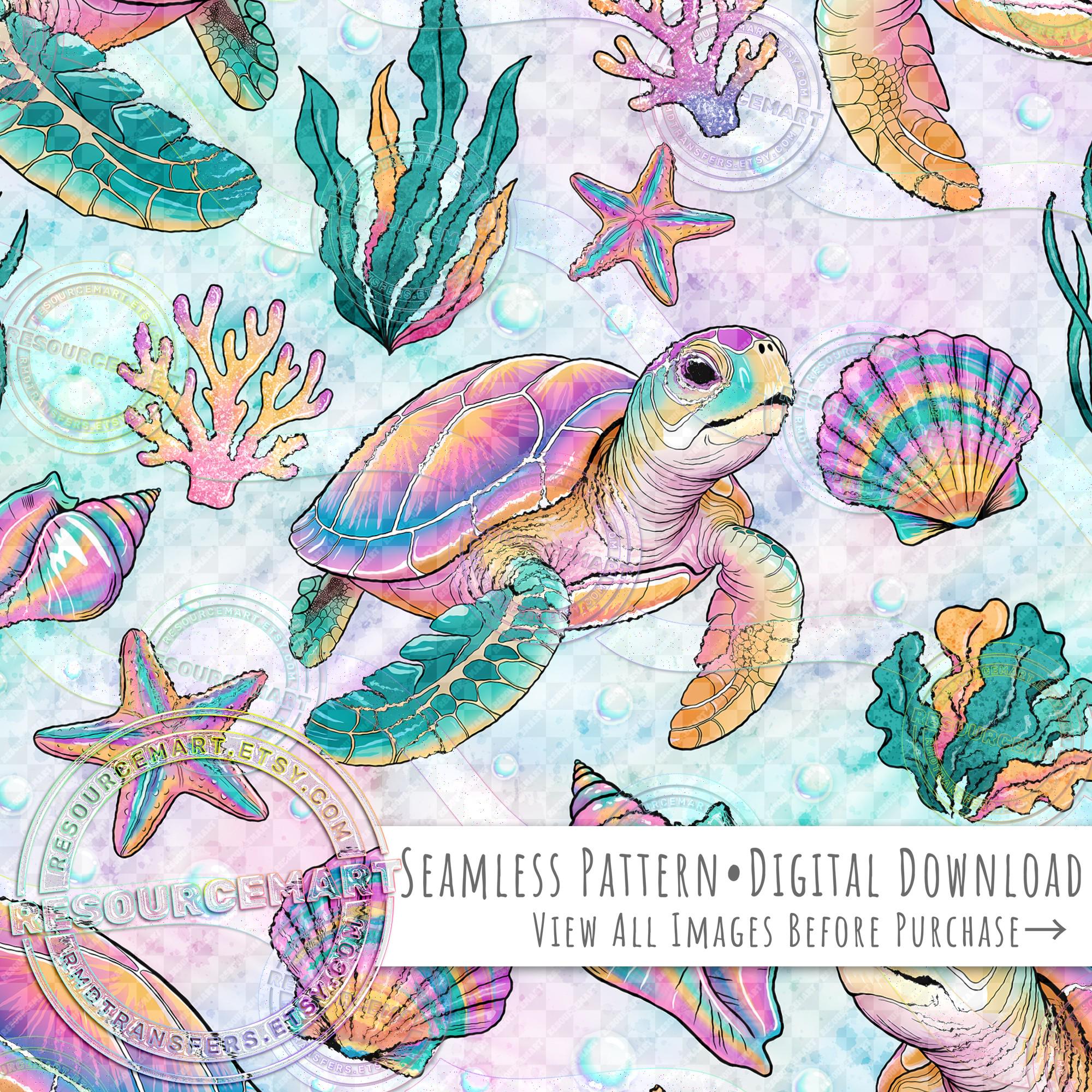 Turtleson Pink Pattern Sea Turtle Seamless Pattern, Pink & Turquoise Beach Seashells Digital ...