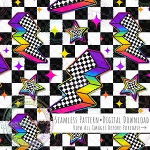 May include: Seamless pattern featuring a repeating design of lightning bolts, stars, and geometric shapes in vibrant colors. The design includes a checkered pattern, rainbow gradients, and the text "SEAMLESS PATTERN • DIGITAL DOWNLOAD".