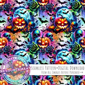 Colorful Neon Halloween seamless pattern, jack o lantern skulls and roses sublimation design digital download, neon goth floral fabric print